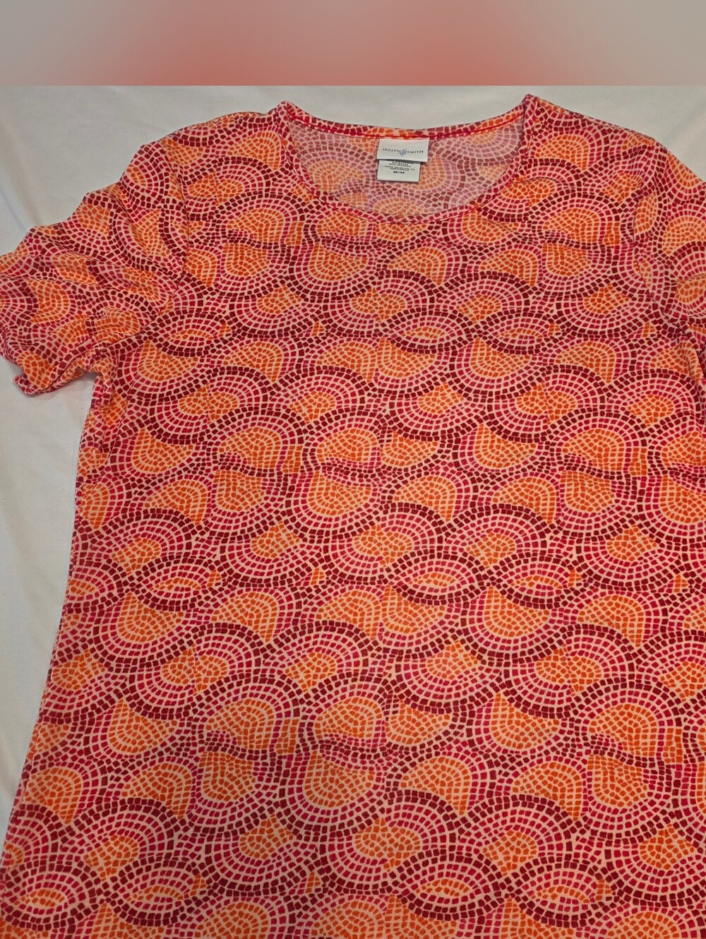Jaclyn Smith Blouse Medium Round Neck Pink, Orange, Red Geometric Abstract Shirt